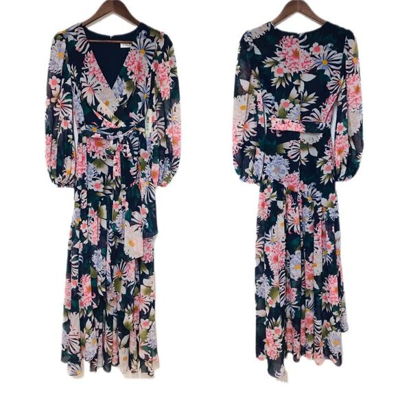 ELIZA‎ J Floral Long Sleeve Maxi Dress Chiffon Faux Wrap Navy Blue Pink Sz 8 New - Picture 2 of 11